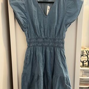 GAP Blue Chambray Denim Dress, Flutter Sleeves, Pockets Cinched Waist Size M